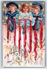 c1910's Fourth Of July Children Sailor Firecrackers Nash Embossed Postcard picture