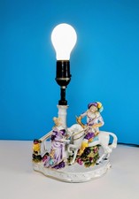 Vtg 1920s Lamp German Porcelain Figurine Musketeer w/Horse Woman Offering Goblet picture