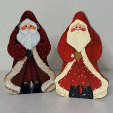 PAIR VTG Holiday Christmas Folk Art Santa Claus Hand Painted Wood Signed 1995 picture