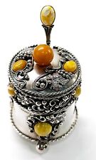 925 Solid Sterling Silver Real Butterscotch Baltic Amber Victorian Beautiful Box picture