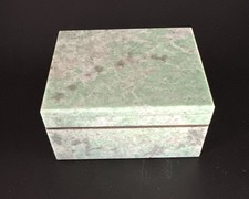 Small Green jade Stone Trinket Box Hinged Lid Metal Trim Lined picture