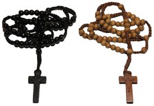 2pc Tan & Black Colored Wooden Beads Rosary Necklaces with Jesus Imprint Cross picture