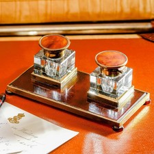 Luxury European Antique Art Deco Faux Tortoiseshell Desk Inkwell Double Inkstand picture