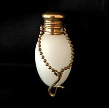 Antique Perfume Bottle French White Opaline Egg with Chatelaine Chain & Hook picture