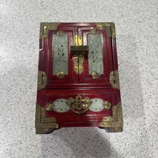 VINTAGE CHINESE SHANGHAI ROSEWOOD JADE BRASS & SILK JEWELRY BOX picture