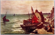 The Fisherman’s Haven, Coastal Village Scene, Red-Sailed Boats, Stone, Postcard picture