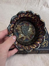 Vintage Fenton Carnival Glass Grape Bowl – Iridescent Amethyst Grape & Leaf  picture