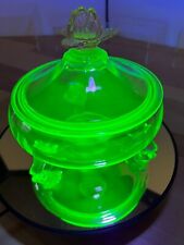 Rare Cambridge Uranium Glass Reverse Watermelon Glass Candy / Dresser Jar picture