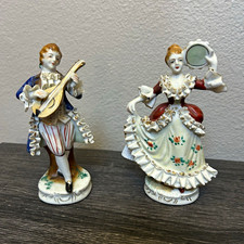 2 Porcelain Hand Painted Glazed Figurines Man With Lute & Woman With Mirror picture