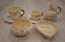 LOT OF (5) BELLEEK PIECES Basket Weave Shamrocks 4th Green Stamp 1946-1955 RARE picture