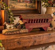 Horse Drawn Hay Wagon Covered Bridge Figurine 14.5