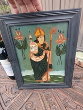Vintage Eglomise reverse glass painting saint bishop amandus maastricht frame picture