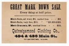 Antique 1880s Quinsigamond Clothing Co Worcester Mass Clothing Sale Handbill picture