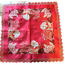 Vtg Square 33 x 33 Red Embroidered Christmas Table Cloth  Santa Reindeer Bells picture