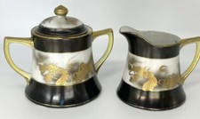 Antique Hand Painted Nippon Gold Dragon Creamer Lidded Sugar Bowl Blue Stamp picture