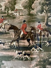 1 of 15 YD VTG 5TH AVE EQUESTRIAN HORSE HOUND FOX HUNT COTTON DECOR FABRIC 1988 picture