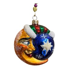Vintage Slavic Treasures Moon, Stars Blown Glass Christmas Ornament Poland picture