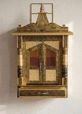 Indian Wooden meenakari work Wall Hanging tample With Drawer Worship Pooja Ghar picture