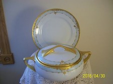 Czechoslovakia Bohemia Porcelain Vegetable Bowl & Plate Gilt Gold Floral & Leaf picture