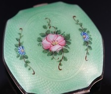 Vintage Marathon Green Guilloche Enamel Rose Floral Powder Compact 1930's Pretty picture