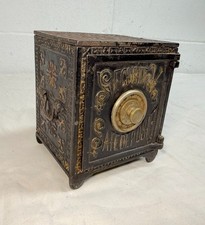Antique 19th century ornate Cast Iron Security Safe Deposit lockable Still Bank. picture