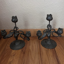 Pair Antique Orivit Germany Pewter Art Nouveau Tulip Candle Holders #2984 picture