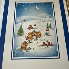 Vtg Unused Christmas Card Mouse Family In snow Red Birds Tree Moon Stars picture