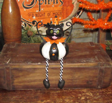 Prim Antique Vtg Style Halloween Party Clown Costume Black Cat Shelf Sitter picture