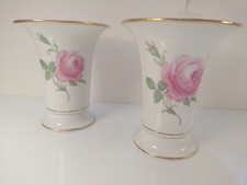 Pair Of Antique Meissen Fine China Pink Roses Trumpet Vases  picture