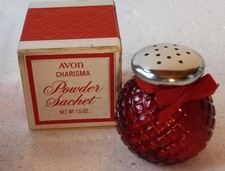 New In Box Avon CHARISMA Powder Sachet/Ruby Red Patterned Glass Jar #A-C.   IA#5 picture