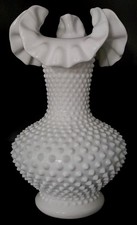 Fenton White Hobnail Milk Glass Vase with Ruffled Edges picture