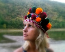 Ukraine diadem wreath Kokoshnic Hand beaded green orange Hair hoop picture