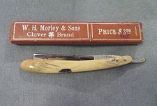 antique W.H. MORLEY & SONS STRAIGHT RAZOR - bird w/box - clover damascus germany picture