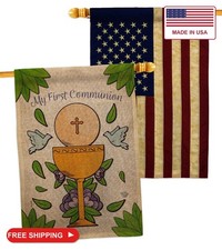 My Holy Communion Burlap House Flag - Pack Religious Faith Hope Grace Peace Dove picture