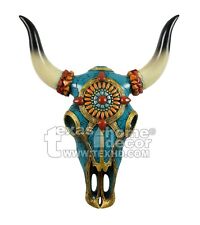 Southwestern Turquoise Orange Gold Faux Longhorn Steer Wall Mounted Cow Skull  picture