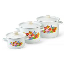 Novomoskovsk Spring Tulips Enamel Stockpot Set Vintage Cooking Pot SET OF 3 picture