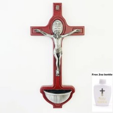 Catholic Holy Water Cross Christ Crucifix Wood Alloy Wall Decor Religious Gift picture