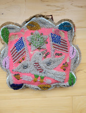 Antique Iroquois NATIVE AMERICAN BEADED PIN CUSHION Whimsy Eagle US Flags Framed picture