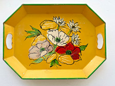 Vintage Toleware Hand Painted Metal Serving Tray Octagonal Yellow Floral Pilgrim picture