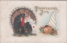 Antique Embossed Thanksgiving Postcard- Divided Back Era- Child Hugs Turkey picture