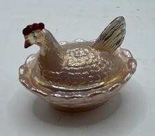 Boyd Art Glass Mini Hen On A Nest Salt Cellar Pink Carnival glass Painted picture
