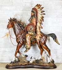 Large Indian Chief With Headdress Feathered Coup Staff Shield On Horse Statue picture