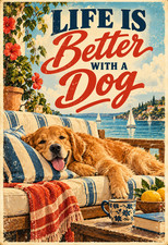 Life Is Better With a Dog Golden Retriever Vintage Retro Wall Art Poster 13x19 picture