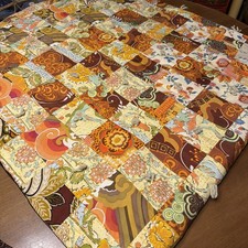 VTG 60s 70s Groovy Bold Print Patchwork Quilt 68x90 Retro Floral Yarn Tied Throw picture