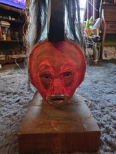 Large Folk Art Carved Wood Ceremonial Style Head Horse Hair Metal 20