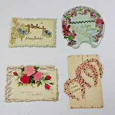 4 Vintage Victorian Birthday Cards Embossed Cut Out Flowers Birds Horseshoe picture