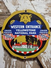 VINTAGE YELLOWSTONE PORCELAIN SIGN RARE OLD NATIONAL PARK UNION PACIFIC RAILWAY  picture