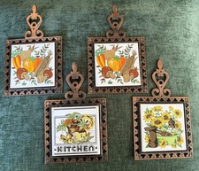 Lot 4 Vtg MCM Cast Iron Tile Trivet Hot Plate Wall Decor Fruit Sunflower Kitchen picture
