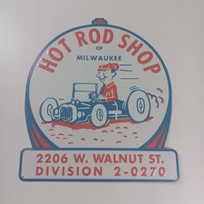 Vintage HOT ROD SHOP OF MILWAUKEE Embossed Metal Tin Sign Walnut Street RARE picture