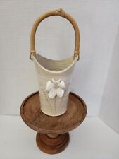 Handmade Pottery Vase Cream Bamboo Handle Signed JM Raised Flower - 10” Tall picture